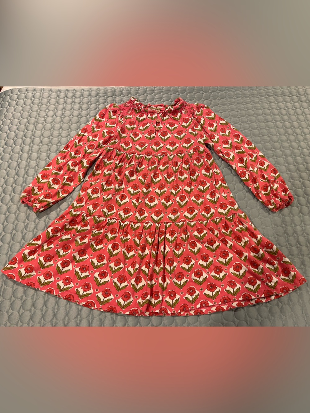 Mini Boden Floral Smock Button Neck Long-Sleeve Tier Dress Sz 6/7 Cotton Tencel